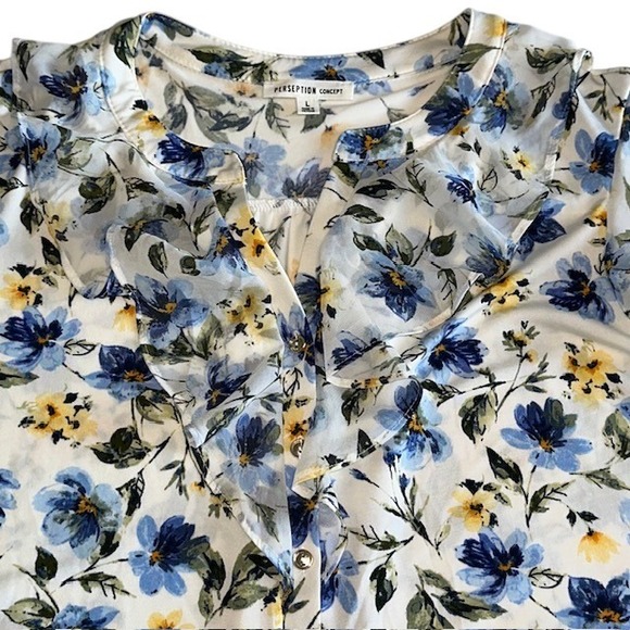 Perseption Concept Floral Ruffle Blouse Button Down Top Short Sleeve Size L‎ - Picture 6 of 16